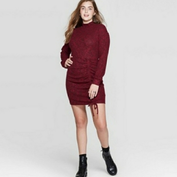 *NEW! MOCK TURTLENECK RUCHED LONG SLEEVE KNIT SWEATER PULL OVER DRESS MEDIUM - Picture 1 of 4